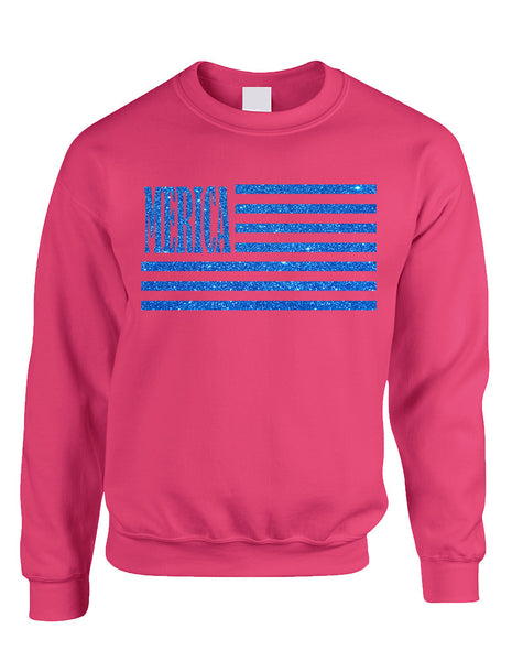 Adult Sweatshirt Merica Glitter Blue Flag 4th Of July Top