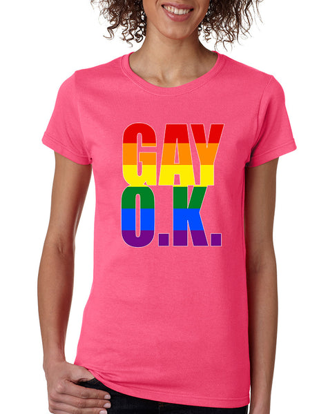 Women's T Shirt Gay OK Rainbow Pride Colors Love