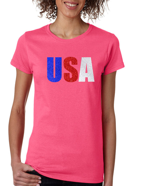 Women's T Shirt USA Glitter Flag Colors Cool 4th Of July Shirt