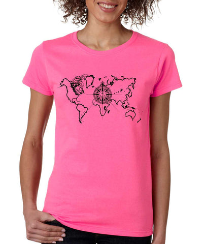 Women's T Shirt World Map Compass Cool Graphic Tee - ALLNTRENDSHOP - 1