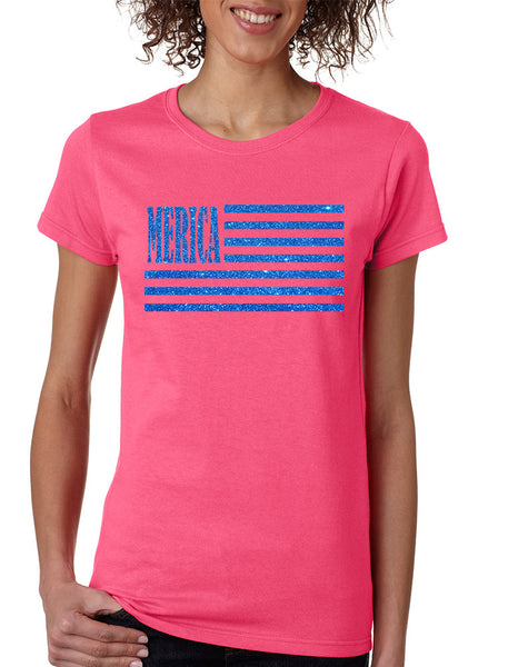 Women's T Shirt Merica Glitter Blue Flag 4th Of July Tee