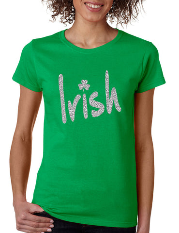 Women's T Shirt Irish Glitter Silver Shamrock St Patrick's Tee