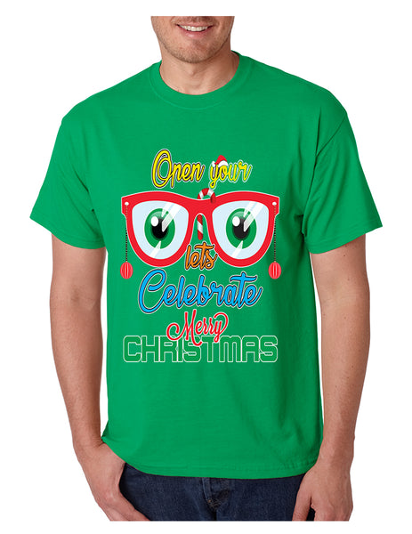 Men's T Shirt Open Your Eyes Lets Celebrate Merry Xmas Trendy Tee