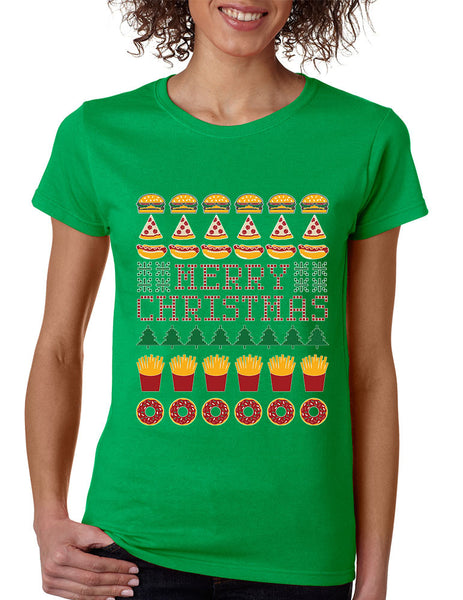 Women's T Shirt Junk Food Merry Christmas Ugly sweater Funny Gift - ALLNTRENDSHOP - 3