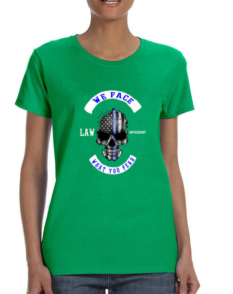 Women's T Shirt We Face What You Fear Amrican Flag Skull