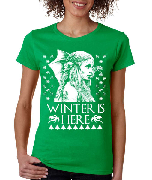 Women's T Shirt Winter Is Here Ugly Christmas Green Sweater Gift