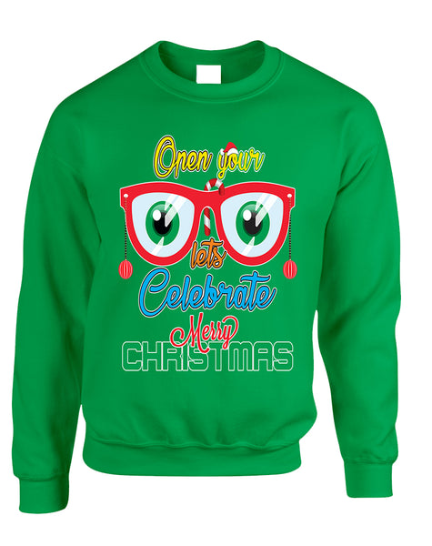 Adult Sweatshirt Open Your Eyes Lets Celebrate Cute Christmas Top