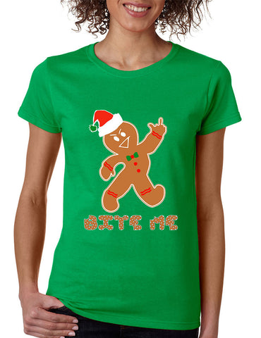 Women's T Shirt Bite Me Gingerbread Ugly Christmas Funny Cool Gift - ALLNTRENDSHOP - 1