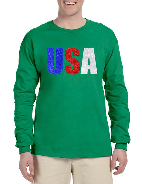 Men's Long Sleeve USA Glitter Flag Colors 4th Of July Tee