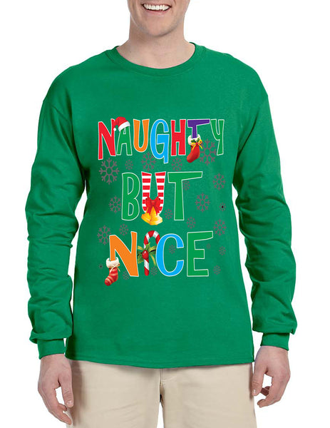 Men's Long Sleeve Naughty But Nice Cute Xmas Shirt Humor Gift