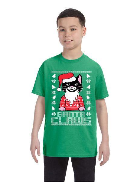 Kids Youth T Shirt Santa Claws Cat Ugly Xmas Cute Holiday Tee