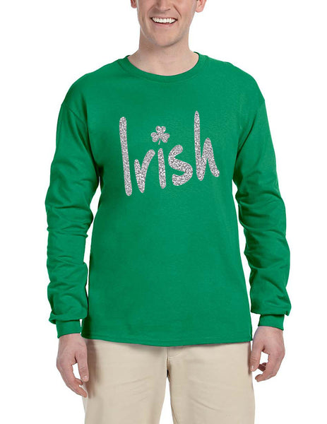 Men's Long Sleeve Irish Glitter Silver Shamrock St Patrick's