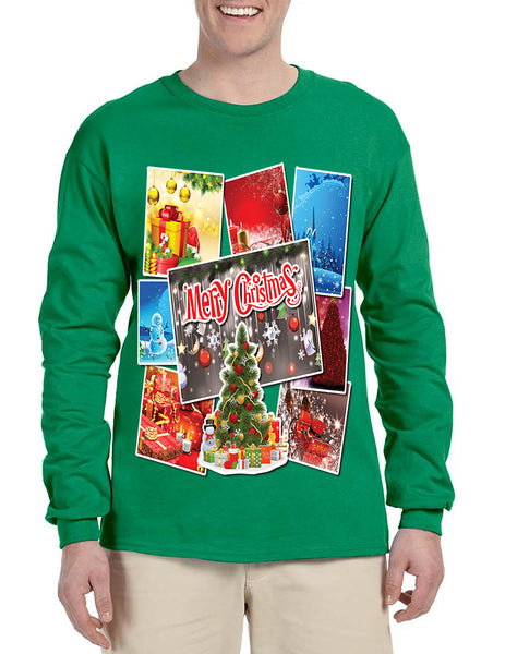Men's Long Sleeve Merry Christmas Postcards Holiday Graphic Tee