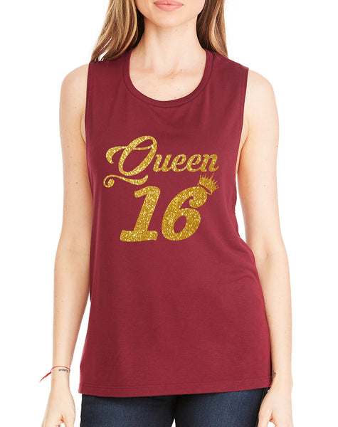 Women's Flowy Muscle Queen 16 Glitter Gold Sweet Sixteen