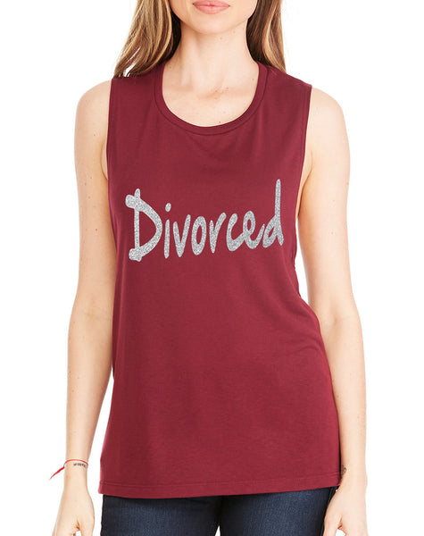 Women's Flowy Muscle Top Divorced Glitter Silver Print Funny
