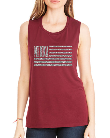 Women's Flowy Muscle Top Merica Glitter Silver Flag USA Top