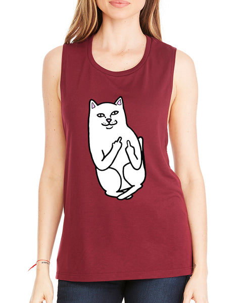 Women's Flowy Muscle Top Middle Finger Cat Humor Top