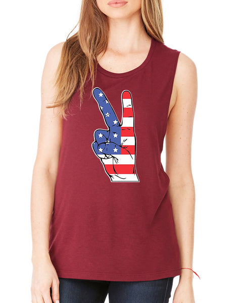 Women's Flowy Muscle Top American Flag Hand 4th Of July