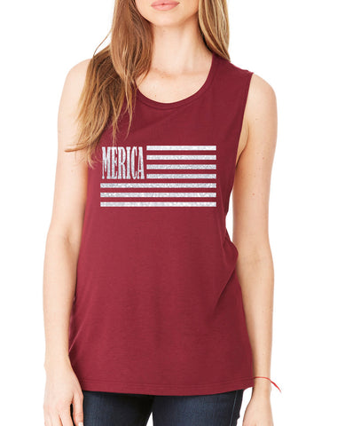 Women's Flowy Muscle Merica Glitter White Flag USA Top