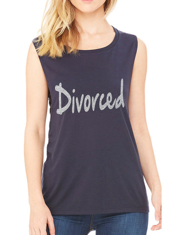 Women's Flowy Muscle Top Divorced Glitter Silver Print Funny