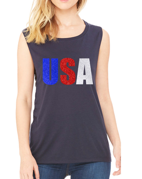 Women's Flowy Muscle USA Glitter Flag Colors 4th Of July Tank