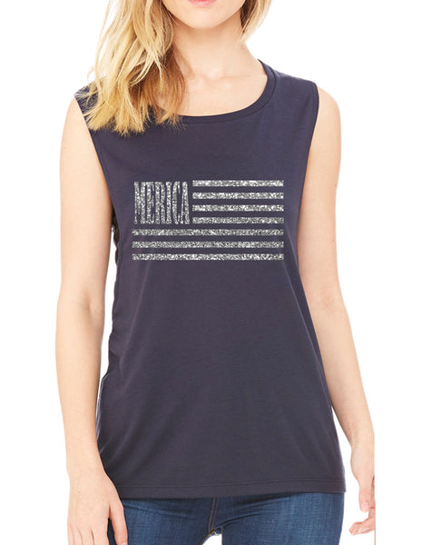 Women's Flowy Muscle Top Merica Glitter Silver Flag USA Top