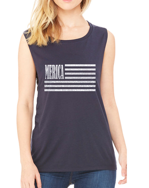 Women's Flowy Muscle Merica Glitter White Flag USA Top