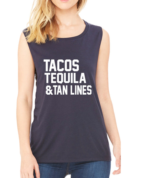 Women's Flowy Muscle Tacos Tequila Tan Lines Beach Top