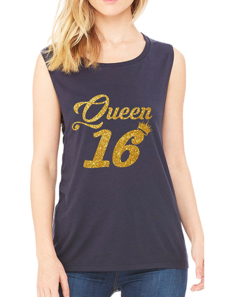 Women's Flowy Muscle Queen 16 Glitter Gold Sweet Sixteen