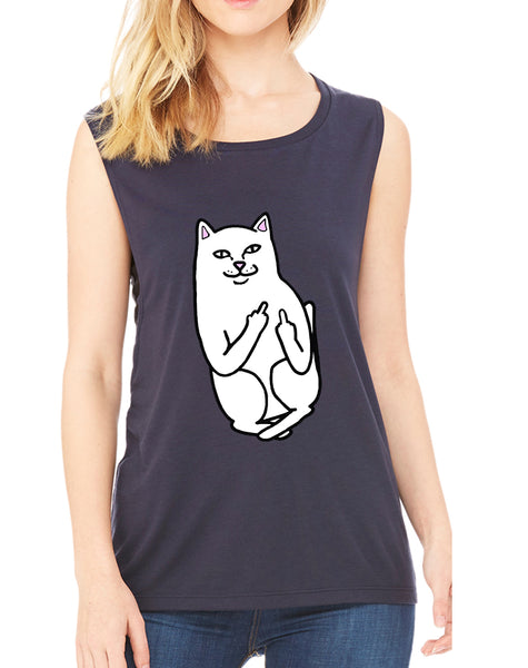 Women's Flowy Muscle Top Middle Finger Cat Humor Top