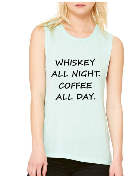 Women's Flowy Muscle Top Whiskey All Night Coffee All Day - ALLNTRENDSHOP - 2