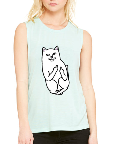 Women's Flowy Muscle Top Middle Finger Cat Humor Top