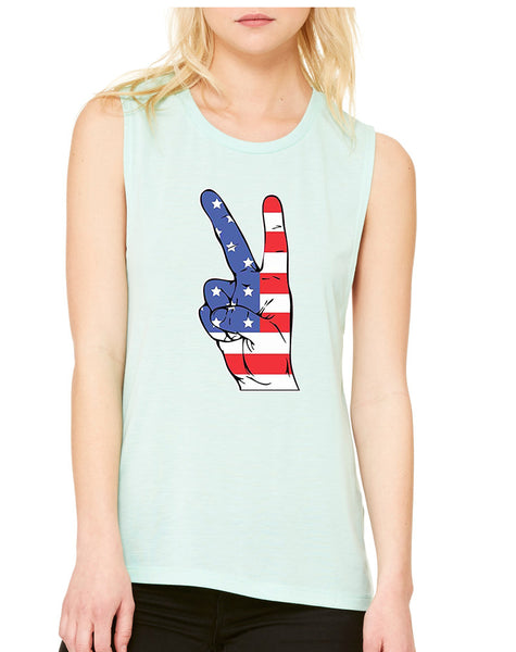 Women's Flowy Muscle Top American Flag Hand 4th Of July
