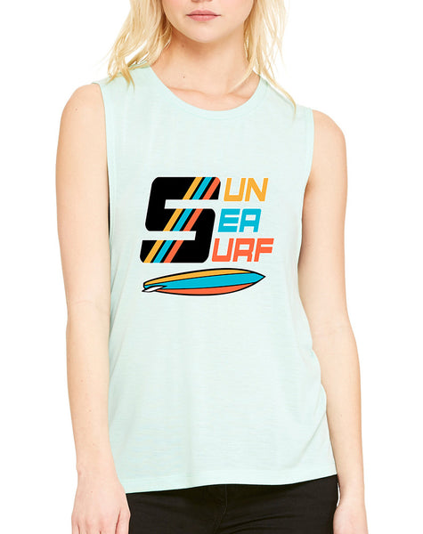 Women's Flowy Muscle Top Sun Sea Surf Lover Summer Top