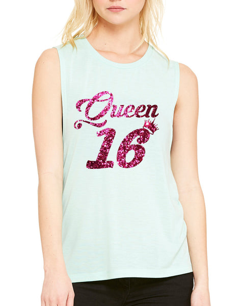 Women's Flowy Muscle Queen 16 Glitter Pink Sweet Sixteen Party