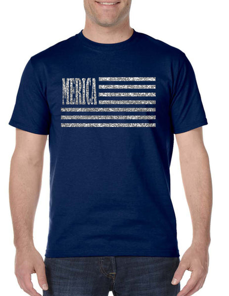 Men's T Shirt Merica Glitter Silver Flag 4th Of July USA Tee