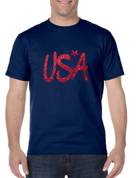 Men's T Shirt USA Red Glitter Love America 4th Of July Shirt