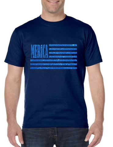 Men's T Shirt Merica Glitter Blue Flag 4th Of July Tee