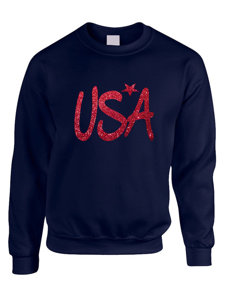 Adult Sweatshirt USA Red Glitter Love America 4th Of July Top