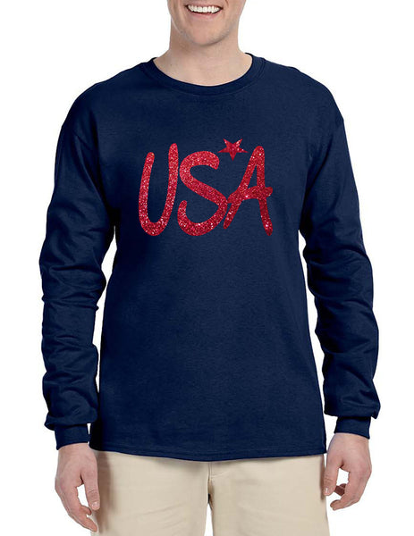 Men's Long Sleeve USA Red Glitter Love America 4th Of July