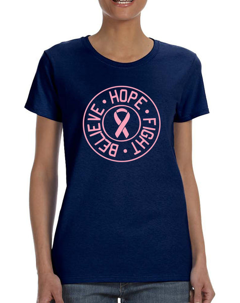 Women's T Shirt Believe Hope Fight Breast Cancer Support Tee