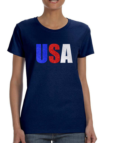 Women's T Shirt USA Glitter Flag Colors Cool 4th Of July Shirt