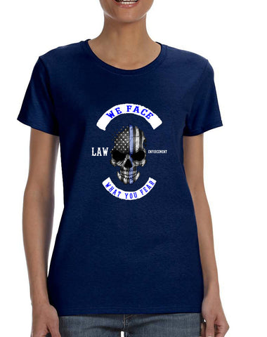 Women's T Shirt We Face What You Fear Amrican Flag Skull