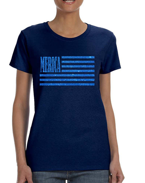 Women's T Shirt Merica Glitter Blue Flag 4th Of July Tee