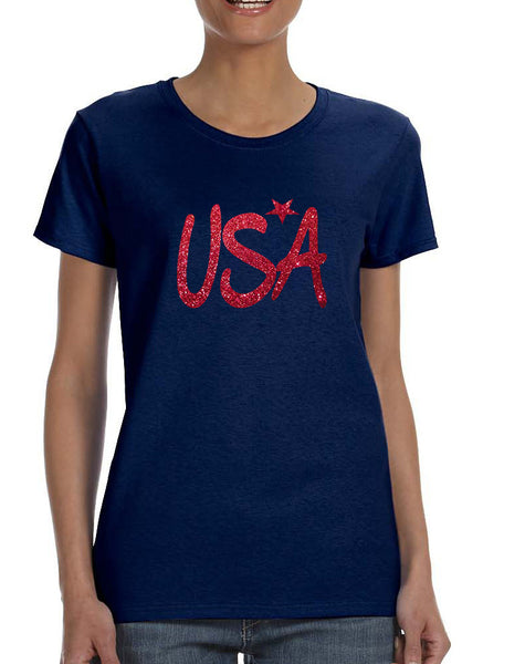 Women's T Shirt USA Red Glitter Love America 4th Of July Tee