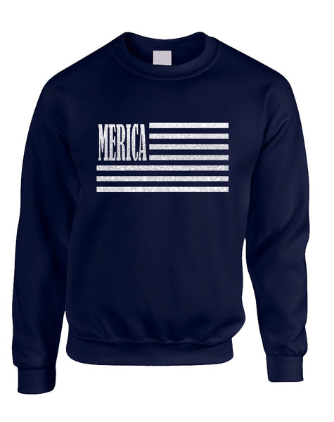 Adult Sweatshirt Merica Glitter White Flag 4th Of July USA