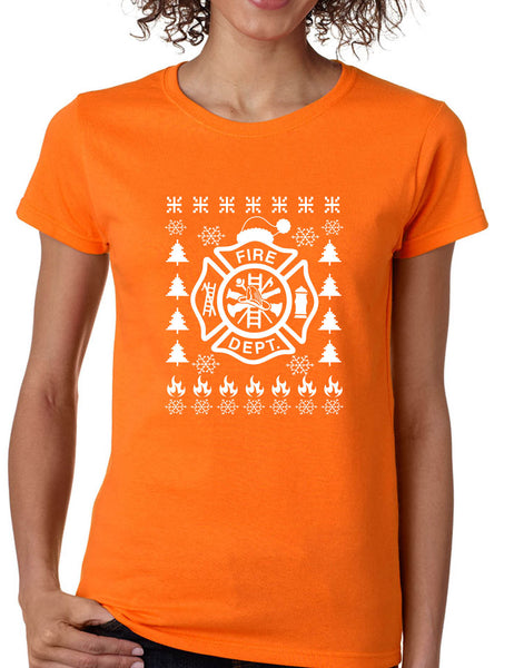 Women's T Shirt Fire Dept Ugly Xmas Firefighter Christmas Holiday Tee