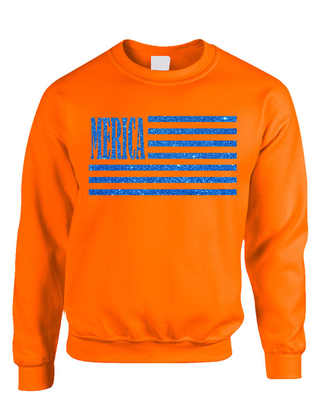 Adult Sweatshirt Merica Glitter Blue Flag 4th Of July Top