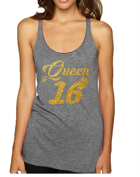 Women's Tank Top Queen 16 Glitter Gold Sweet Sixteen Bday