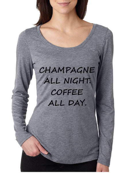 Women's Shirt Champagne All Night Coffee All Day Cool Funny Tee - ALLNTRENDSHOP - 3